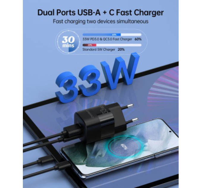 Choetech Зарядний пристрій Choetech GaN USB-A/USB-C 33W QC3.0/PD/PPS (PD5006-EU-BK)