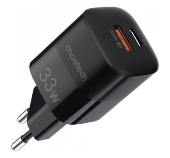 Choetech Зарядний пристрій Choetech GaN USB-A/USB-C 33W QC3.0/PD/PPS (PD5006-EU-BK)