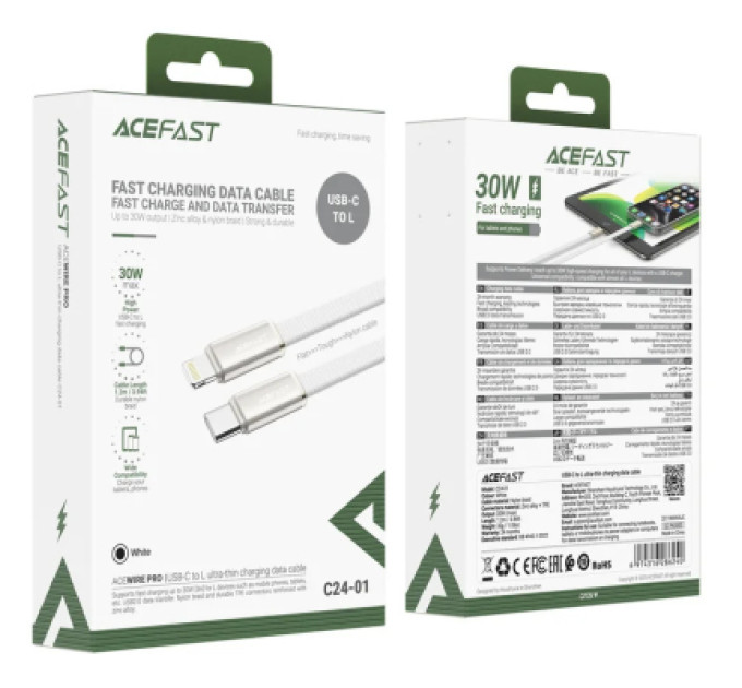 Acefast Дата кабель USB 2.0 AM to Lightning 1.2m 30W nylon white Acefast (6974316286240)