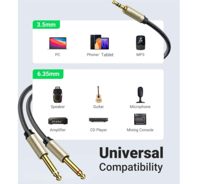 Ugreen Кабель мультимедійний 3.5mm M to 2x6.35mm M 1.0m gray Ugreen (UGR-10613)