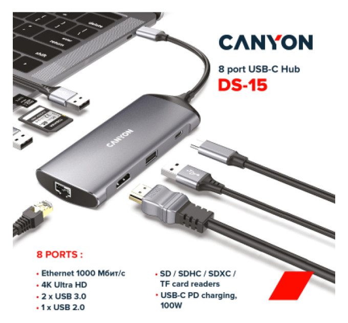 Canyon Порт-реплікатор Canyon 8-in-1 USB-C (CNS-TDS15)