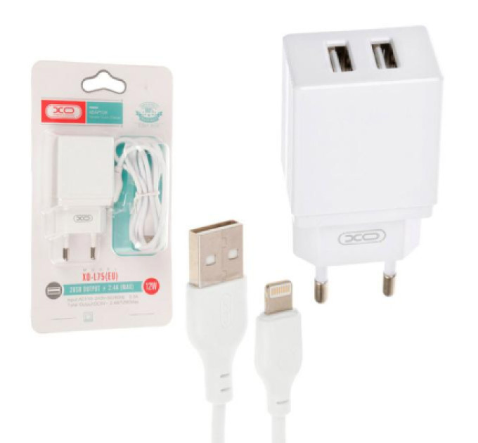 XO Зарядний пристрій XO L75 2USB/2.4A + Lightning White (XO-L75-L)