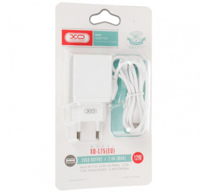 XO Зарядний пристрій XO L75 2USB/2.4A + Lightning White (XO-L75-L)