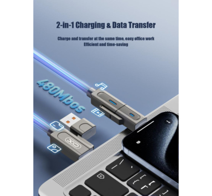 XO Дата кабель USB 2.0 AM to USB-C + USB 2.0 AM to Lightning 1.0m 60W gray XO (NB275_4-in-1_Gray)