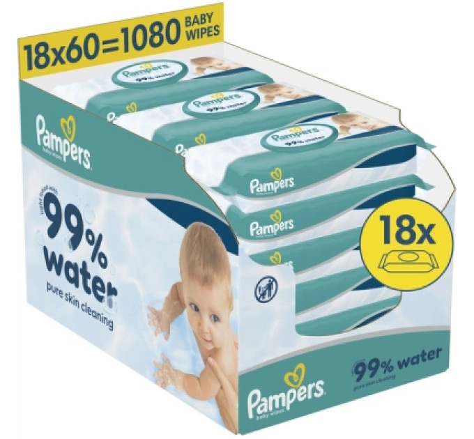 Pampers Дитячі вологі серветки Pampers 99 Water 60 шт х 18 пачок (1080 шт) (8006530116374)