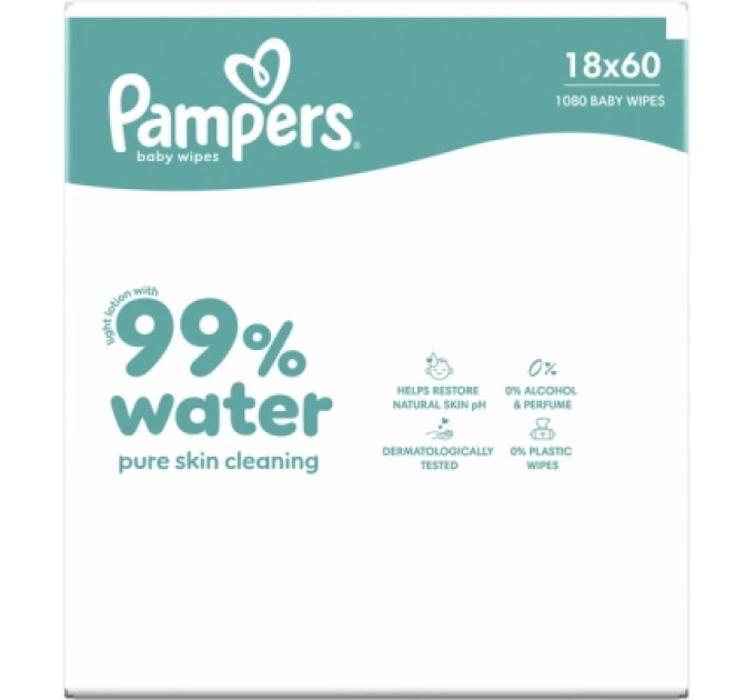 Pampers Дитячі вологі серветки Pampers 99 Water 60 шт х 18 пачок (1080 шт) (8006530116374)