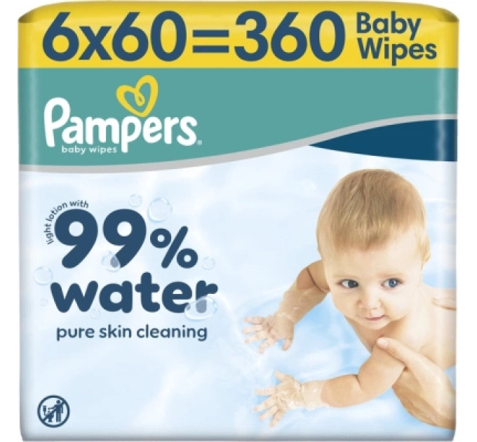 Pampers Дитячі вологі серветки Pampers 99 Water 60 шт х 6 пачок (360 шт) (8006530116596)