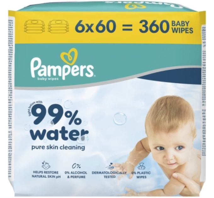 Pampers Дитячі вологі серветки Pampers 99 Water 60 шт х 6 пачок (360 шт) (8006530116596)