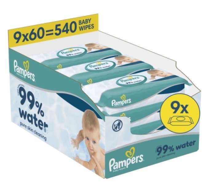 Pampers Дитячі вологі серветки Pampers 99 Water 60 шт х 9 пачок (540 шт) (8006530116459)