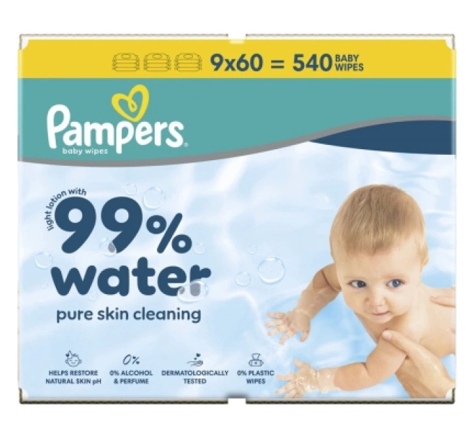 Pampers Дитячі вологі серветки Pampers 99 Water 60 шт х 9 пачок (540 шт) (8006530116459)