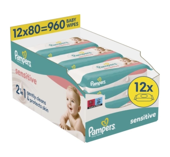 Pampers Дитячі вологі серветки Pampers Sensitive 80 шт х 12 пачок (960 шт) (8006530134668)