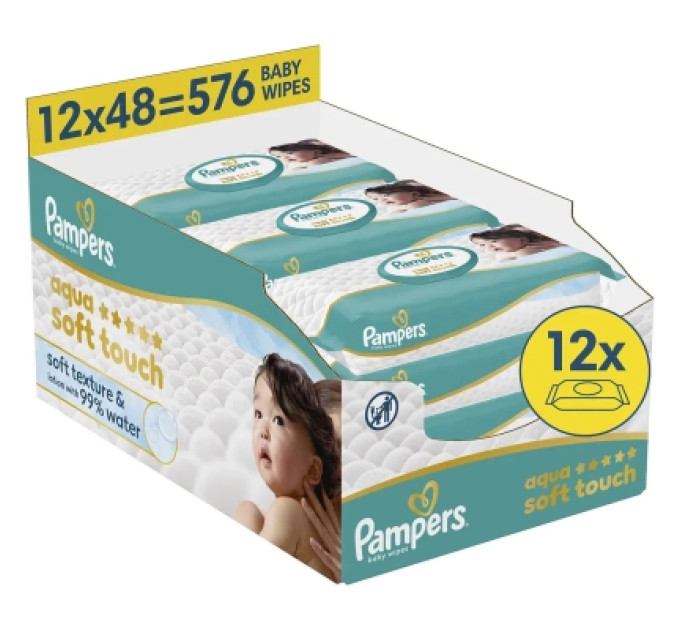 Pampers Дитячі вологі серветки Pampers Aqua Soft Touch 48 шт х 12 пачок (576 шт) (8006530140225)