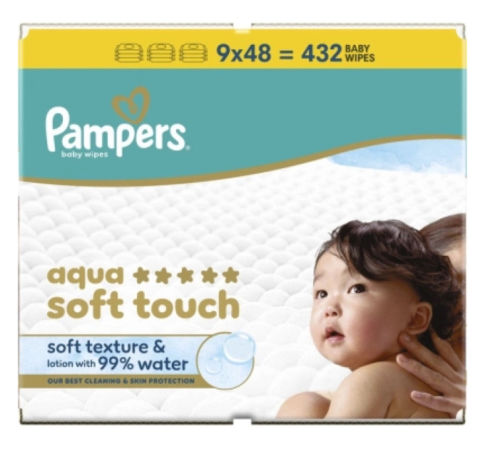 Pampers Дитячі вологі серветки Pampers Aqua Soft Touch 9x48 шт (432 шт) (8006530140010)