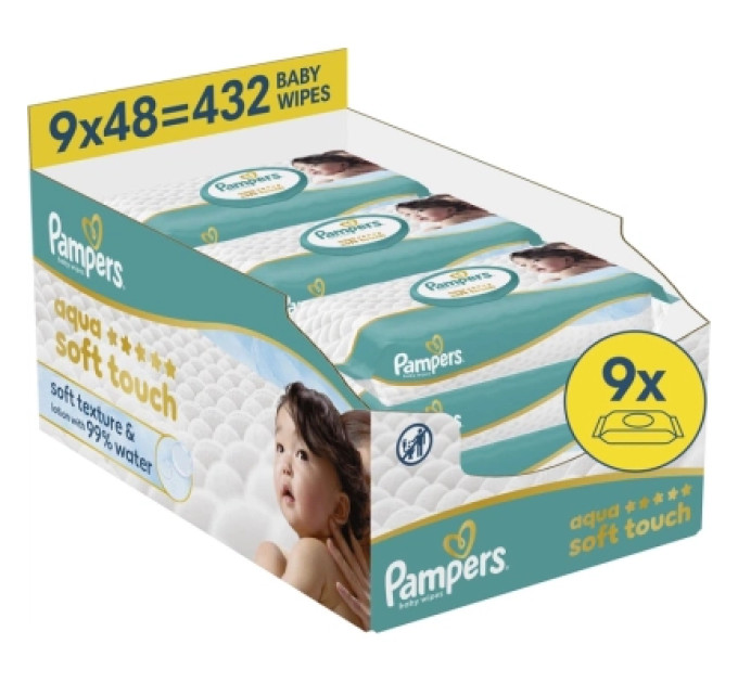 Pampers Дитячі вологі серветки Pampers Aqua Soft Touch 9x48 шт (432 шт) (8006530140010)