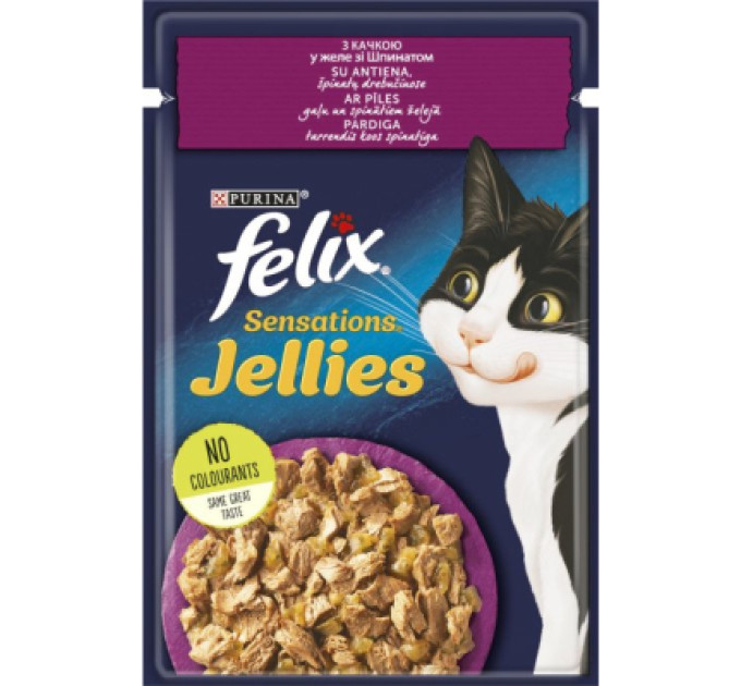Purina Felix Вологий корм для кішок Purina Felix Sensations Jellies з качкою та шпинатом у желе 85 г (7613039831281)