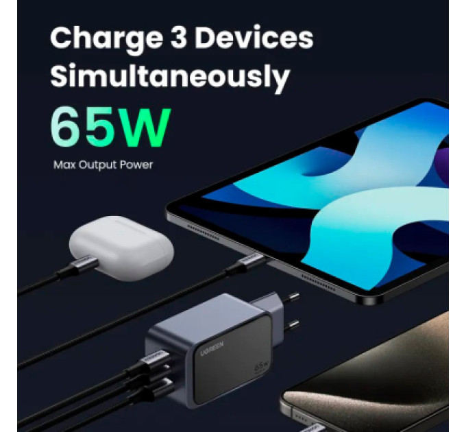 Ugreen Зарядний пристрій Ugreen 3xUSB 65W (2xUSB-C+USB-A) Gan Nexode Fast Charger Grey X553 (35042)