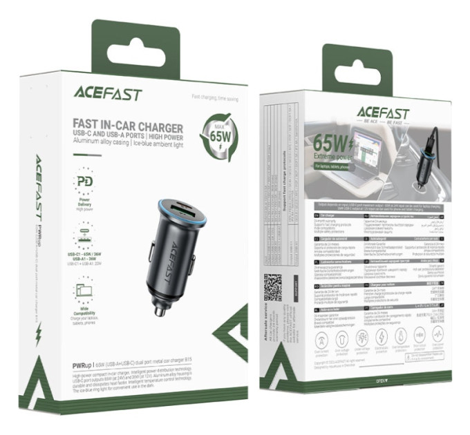 Acefast Зарядний пристрій Acefast 1xUSB-C PD65W + 1xUSB black (6974316284963)