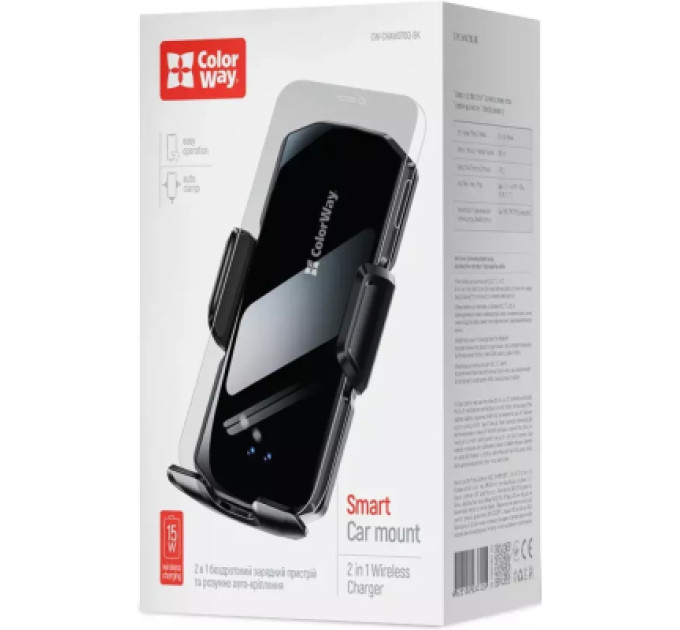ColorWay Універсальний автотримач ColorWay FlameGrip, автозажим, Wireless Charger 15W Black (CW-CHAW070Q-BK)