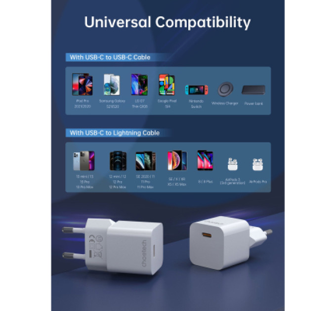 Choetech Зарядний пристрій Choetech GaN USB-C 20W QC3.0/PD/PPS (PD5010-EU-WH)
