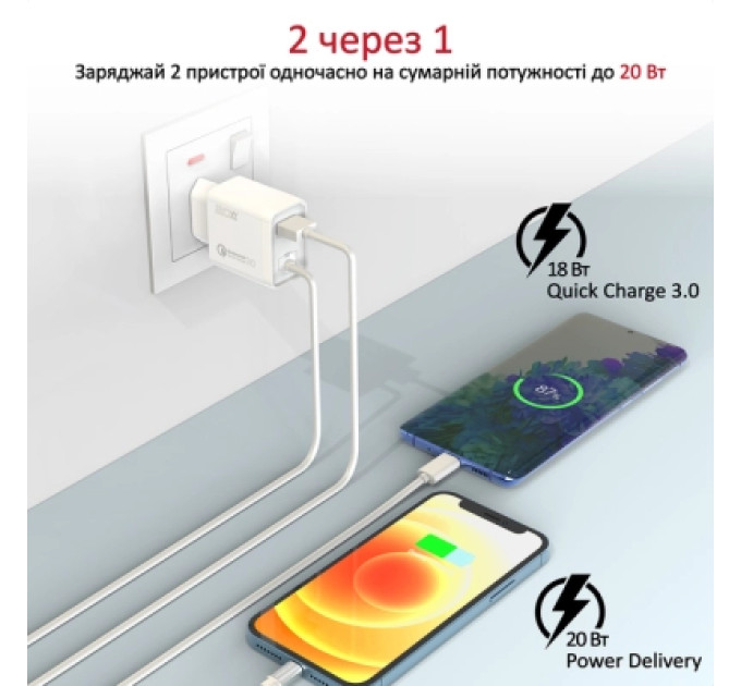 Promate Зарядний пристрій Promate icharge-pdqc3 Lightning PD20W + USB-A QC3.0 White (icharge-pdqc3.white)