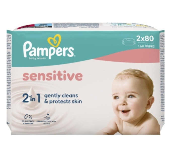Pampers Дитячі вологі серветки Pampers Sensitive 2 x 80 шт(160 шт) (8006530135252)