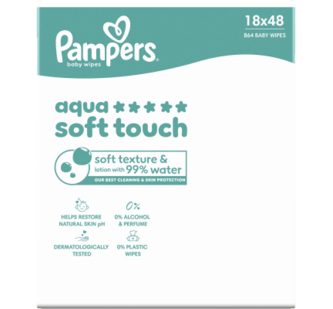 Pampers Дитячі вологі серветки Pampers Aqua Soft Touch 48 шт х 18 пачок (864 шт) (8006530139977)