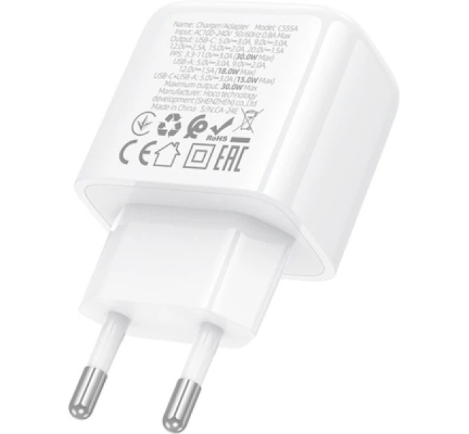 HOCO Зарядний пристрій HOCO CS55A 1xUSB-C PD30W + 1xUSB QC3.0 white (6942007631549)