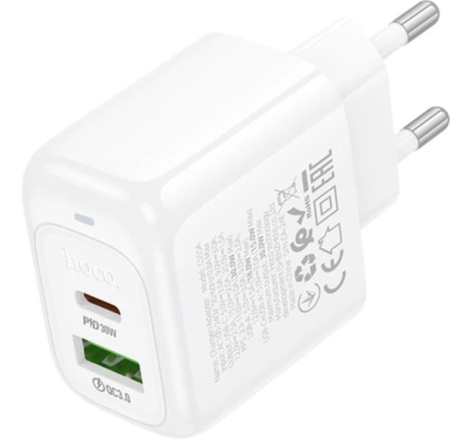 HOCO Зарядний пристрій HOCO CS55A 1xUSB-C PD30W + 1xUSB QC3.0 white (6942007631549)