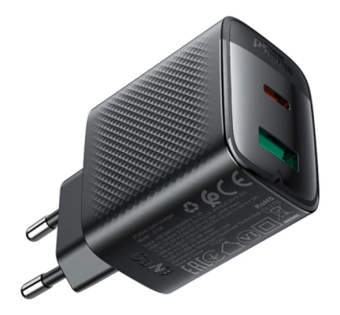 Acefast Зарядний пристрій Acefast A106 1xUSB-C PD45W + 1xUSB QC3.0 GaN black (6974316284031)