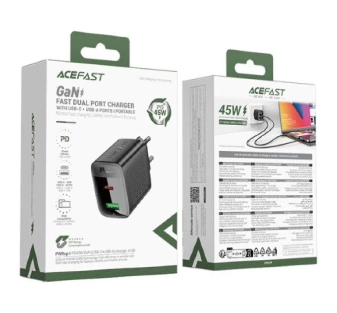 Acefast Зарядний пристрій Acefast A106 1xUSB-C PD45W + 1xUSB QC3.0 GaN black (6974316284031)