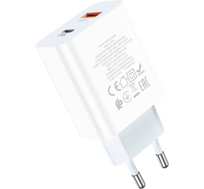 Зарядний пристрій HOCO C97A 1xUSB-C PD20W + 1xUSB QC3.0 White (6931474766076)