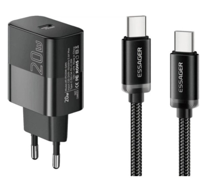 Essager Зарядний пристрій Essager USB-C PD20W + cable USB-C to USB-C 60W black (E20JSB1-SYTT1-T)