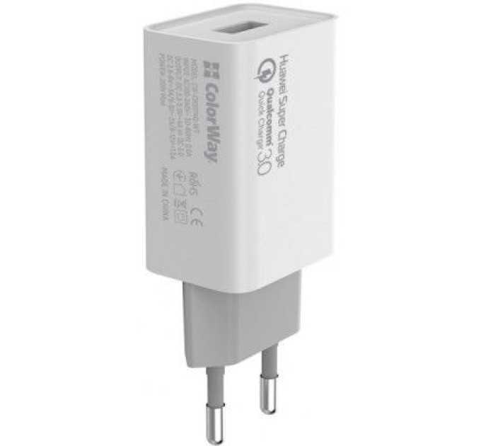 ColorWay Зарядний пристрій ColorWay 1USB Huawei Super Charge/Quick Charge 3.0, 4A (20W) (CW-CHS014Q-WT)