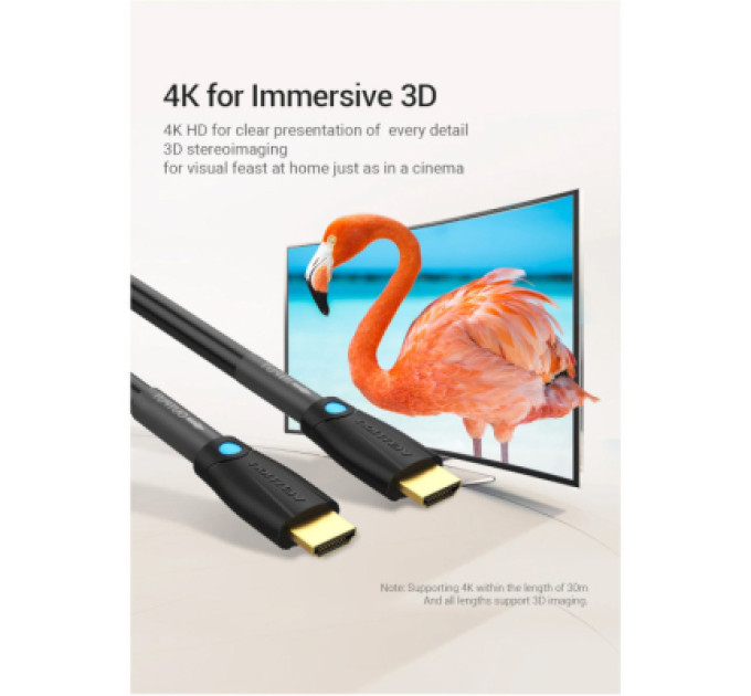 Vention Кабель мультимедійний HDMI to HDMI 8.0m V2.0 Engineering 4K 60Hz 18Gbps HD 7.1 PVC Black Vention (AAMBK)