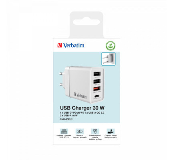Verbatim Зарядний пристрій Verbatim USB 30W PD3.0 4-ports white (49701)