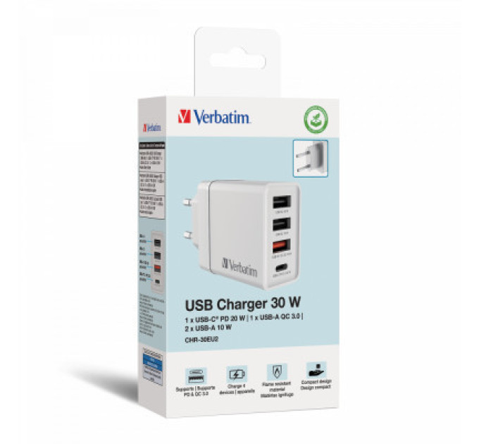 Verbatim Зарядний пристрій Verbatim USB 30W PD3.0 4-ports white (49701)