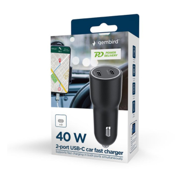 Gembird Зарядний пристрій Gembird 2xUSB-C (PD 20W) black (TA-UC-C2PD40-CAR-01)