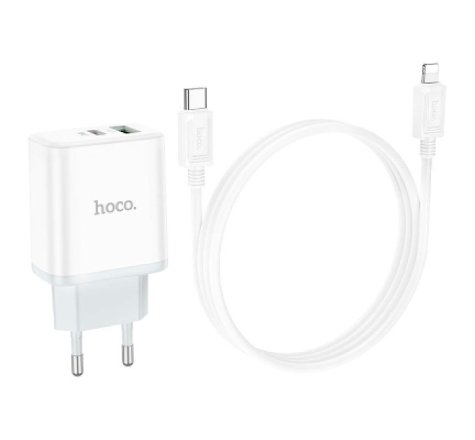 HOCO Зарядний пристрій HOCO C105A Stage 1xUSB-C PD20W + 1xUSB QC3.0 + cable USB-C to Lightning White (6931474782939)