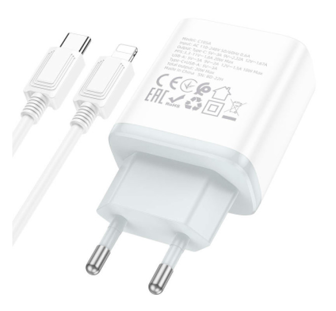 HOCO Зарядний пристрій HOCO C105A Stage 1xUSB-C PD20W + 1xUSB QC3.0 + cable USB-C to Lightning White (6931474782939)