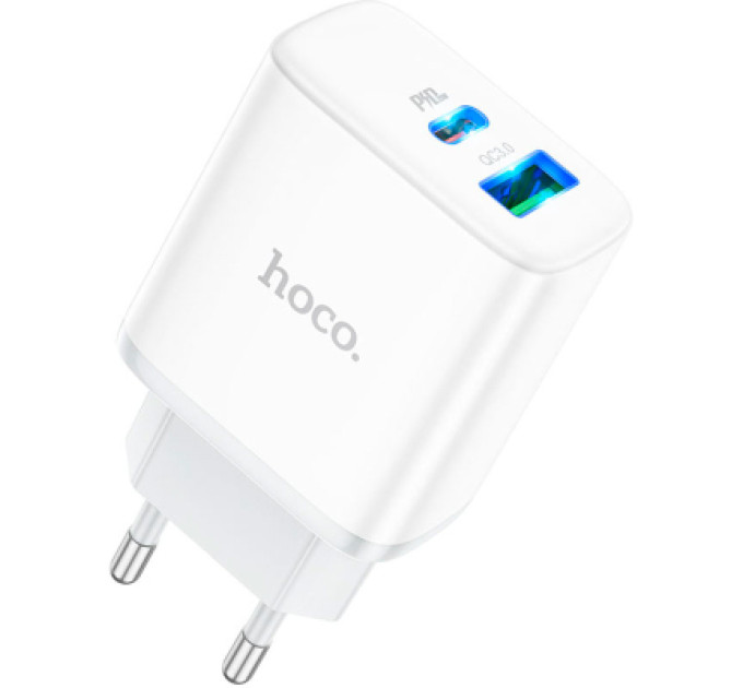 HOCO Зарядний пристрій HOCO C105A Stage 1xUSB-C PD20W + 1xUSB QC3.0 + cable USB-C to Lightning White (6931474782939)