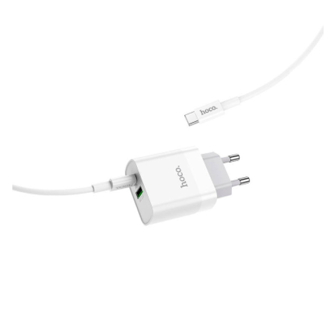 HOCO Зарядний пристрій HOCO C80A Rapido 1xUSB-C PD20W + 1xUSB QC3.0 + cable USB-C to USB-C White (6931474740533)