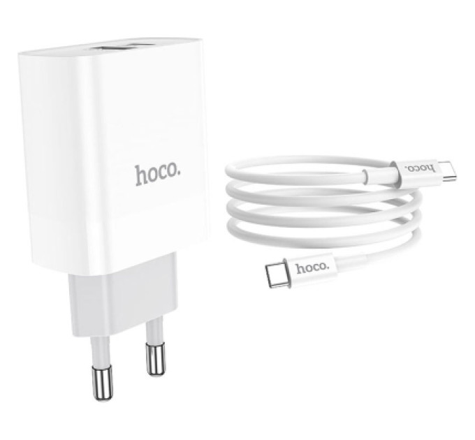 HOCO Зарядний пристрій HOCO C80A Rapido 1xUSB-C PD20W + 1xUSB QC3.0 + cable USB-C to USB-C White (6931474740533)