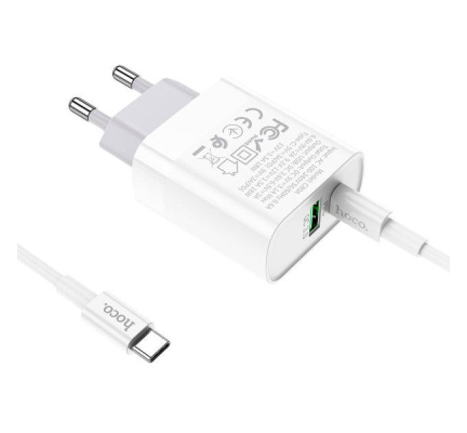 HOCO Зарядний пристрій HOCO C80A Rapido 1xUSB-C PD20W + 1xUSB QC3.0 + cable USB-C to USB-C White (6931474740533)