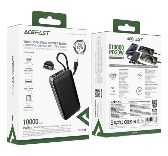 Acefast Батарея універсальна Acefast 10000mAh 30W PD, USB-C witch cable, USB-A, Li-Pol, M7 Black (6974316283379)