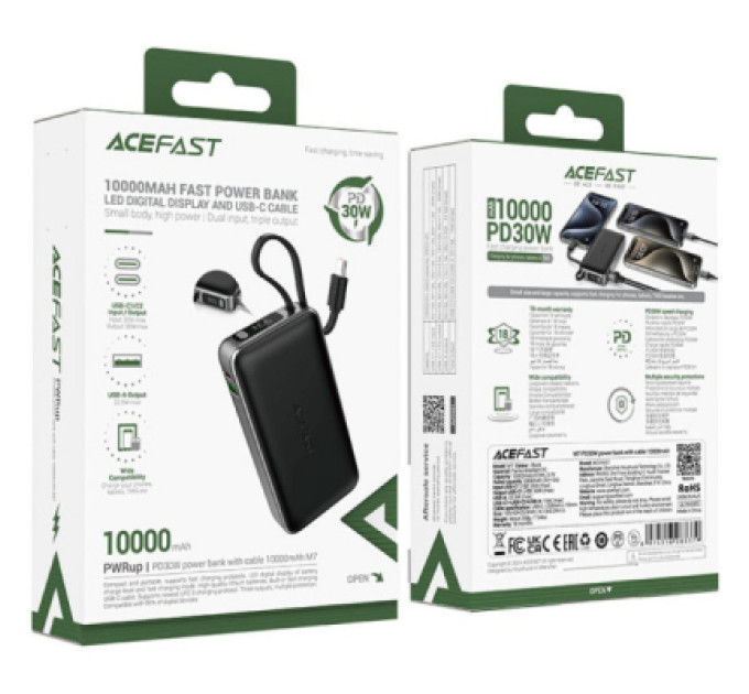 Acefast Батарея універсальна Acefast 10000mAh 30W PD, USB-C witch cable, USB-A, Li-Pol, M7 Black (6974316283379)