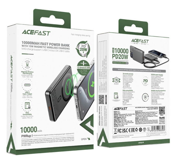 Acefast Батарея універсальна Acefast Magnetic Wireless 10000mAh 20W PD, QC/3.0, QI 15W, M12 Black (6974316283393)