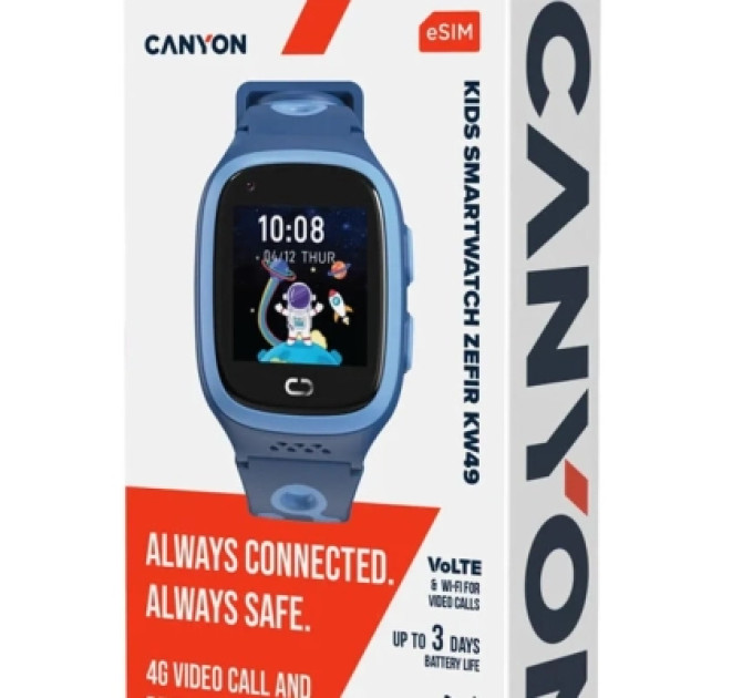 Canyon Смарт-годинник Canyon ZEFIR KW-49 E-SIM 4G GPS Blue Дитячий смарт-годинник (CNE-KW49BL)
