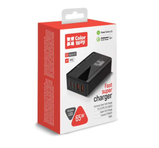 ColorWay Зарядний пристрій ColorWay Power Delivery (2USB-A + 2USB TYPE-C) (65W) black (CW-CHS040PD-BK)