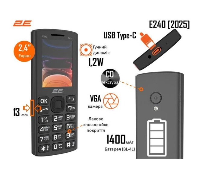 Мобiльний телефон 2E E240 2025 Dual Sim Black (794300867202)