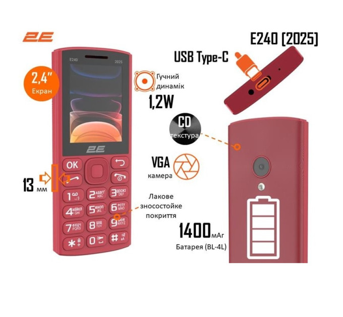Мобiльний телефон 2E E240 2025 Dual Sim Red (794300867219)